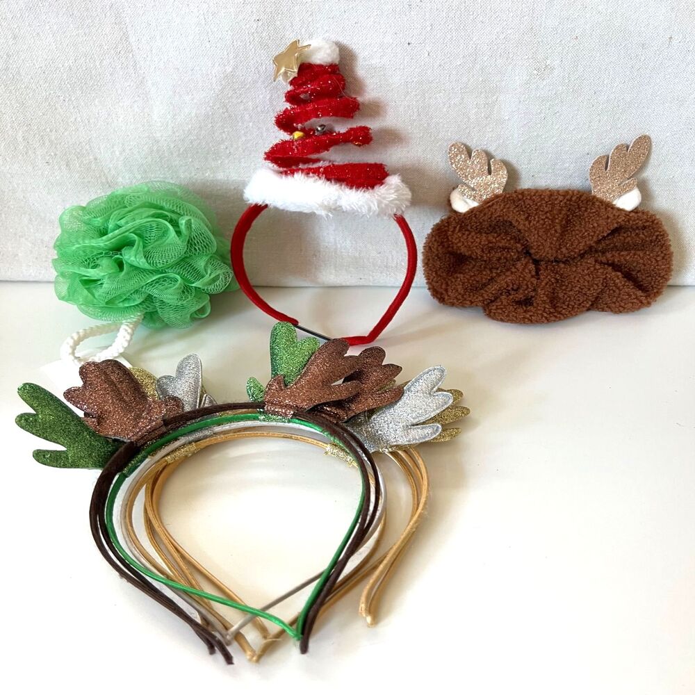 11pc Girl Christmas Holiday Hair Accessories Bundle Reindeer Headbands Scrunchie